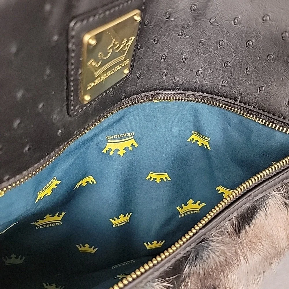 DEESIGNS Purse By Ocleppo Hobo‎ Shoulder Bag Faux Black Leather & Fur Statement